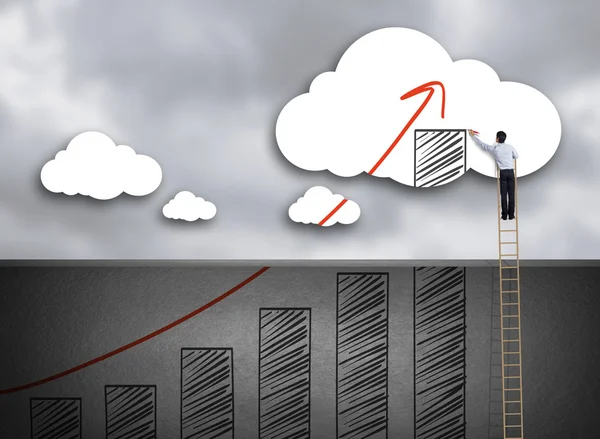 Businessman climbing ladder drawing growth chart on cloud