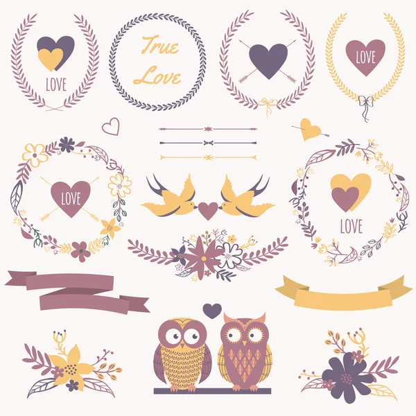 Vector romantic set with bouquets, birds, hearts, arrows, ribbon