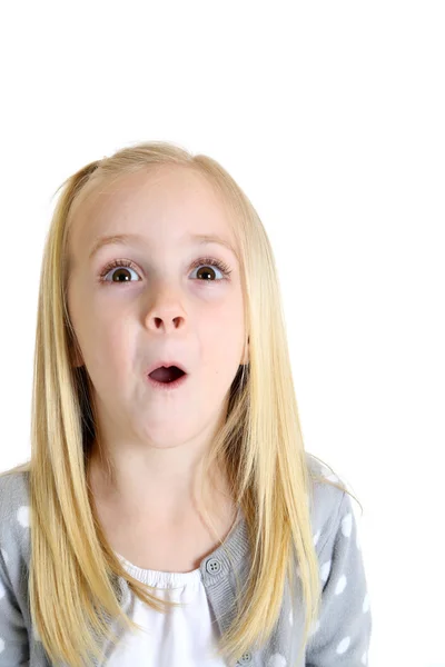 Adorable blond girl with excited or surprised expression
