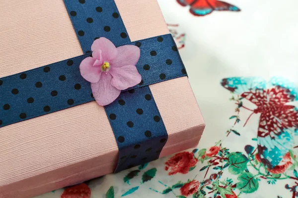 Present box  with a blue ribbon and  a violet flower