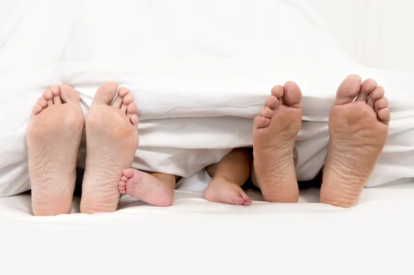 Mother Father and Baby Feet under Blanket