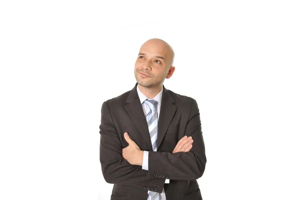 Happy Young Man with Bald Head Thinking Isolated White