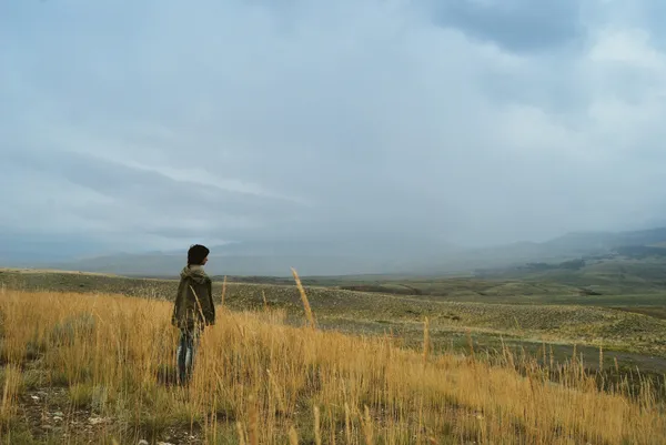 Lonely person standing in the fields in a fog