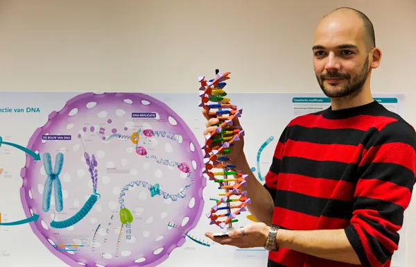 Biology teacher showing DNA model