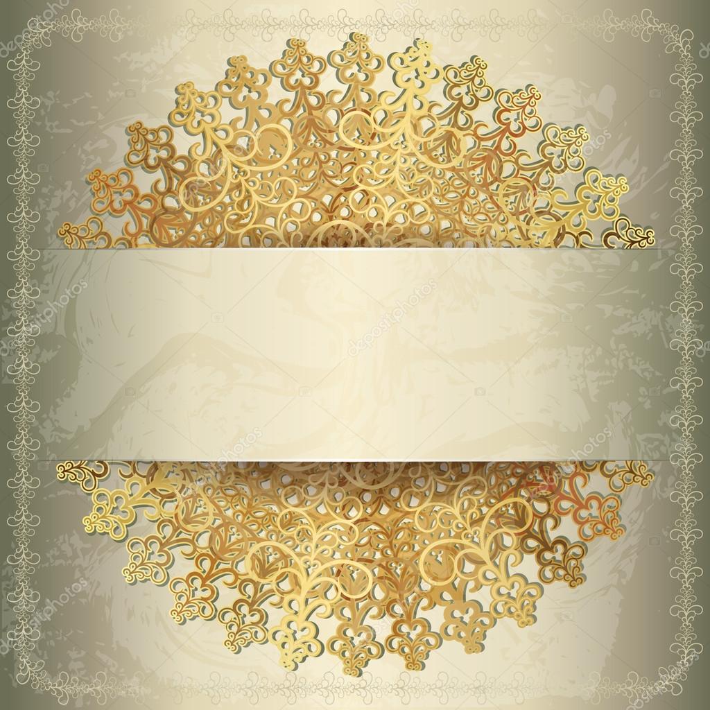 Golden background with openwork circular pattern, wedding card — Stock