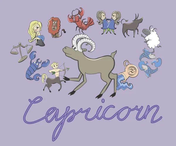 Collection of cartoon zodiac signs headed by Capricorn