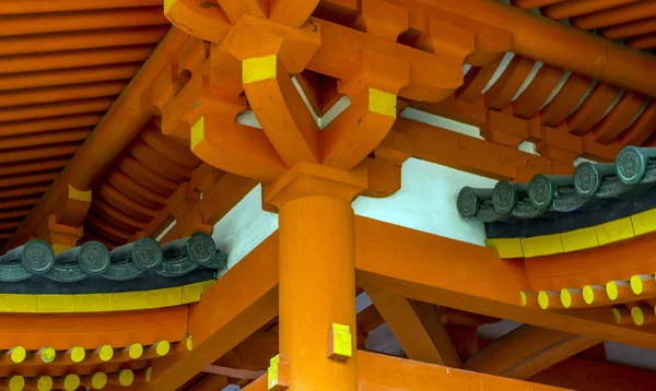 Decorative roof structures at Heian Jingu shrine in Kyoto, Japan