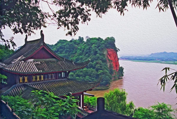 Chinese temple overlooking river oil painting stylized photo