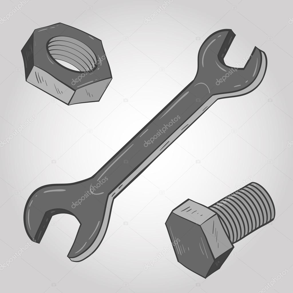 Tornillo, tuerca y llave — Vector de stock 46860469 — Depositphotos