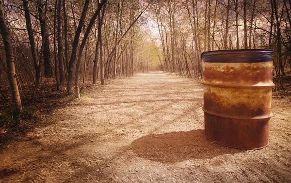 Old Oil Drum Bin In The Forest Being Used As A Garbage Can