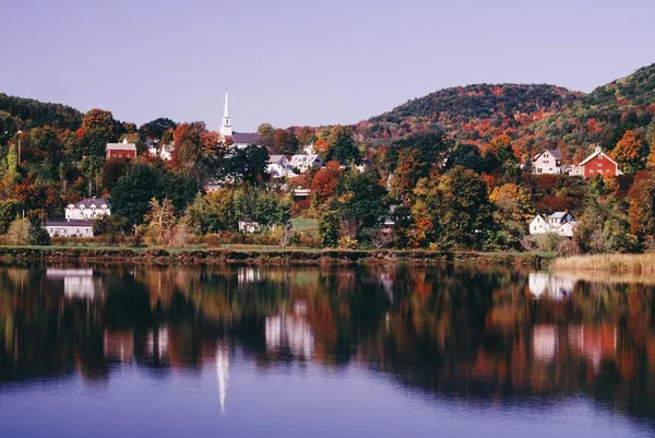 New England Town Of Barnet Reflected In Water, Vermont, Usa
