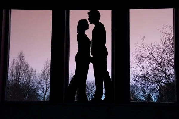 Silhouette Of Couple Standing Face To Face