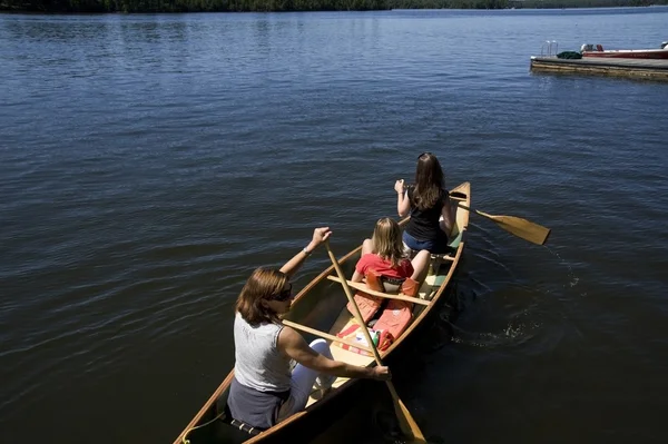 Family canoeing on lake
