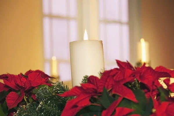 Table Center Piece With Poinsettias And Candles Lit