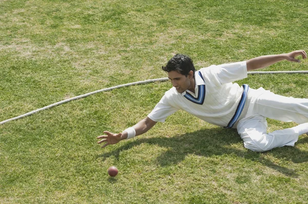 Cricket fielder diving to stop a ball