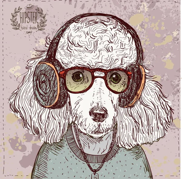 Vintage illustration of hipster poodle with glasses, headphones and bow in vector on vintage background