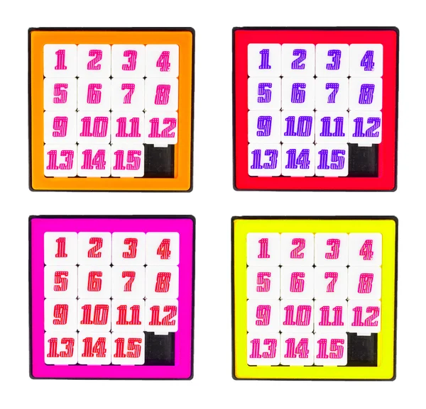 Pocket sliding fifteen puzzle game four color frame on white bac