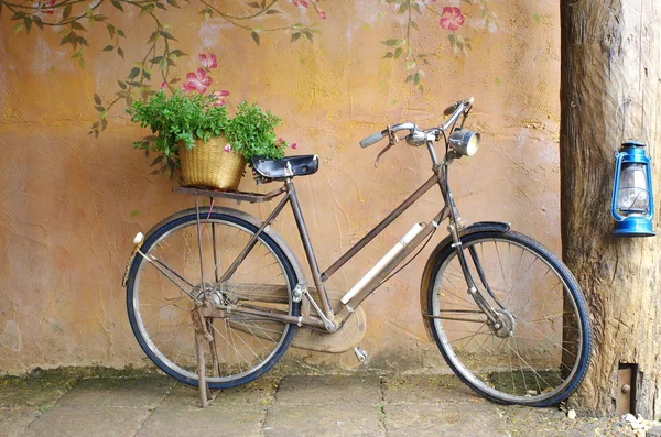 Classic bicycle in front of art wall background