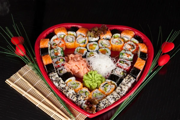 Delicious sushi. Big sushi set for few persons.