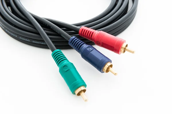 Closeup audio video cable RCA to 3.5mm jack