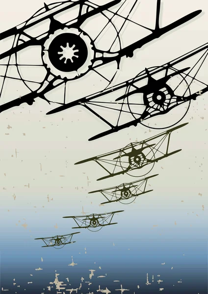 Old biplanes flying in the clouds, retro aviation background.