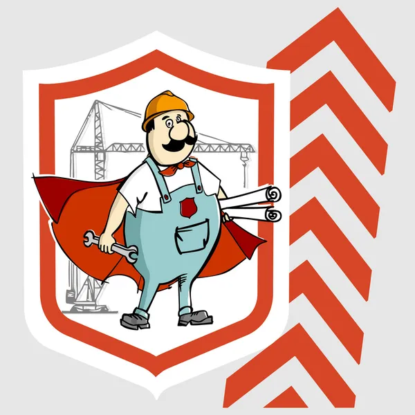 Label Cartoon super builder with a key and drawings for construction.