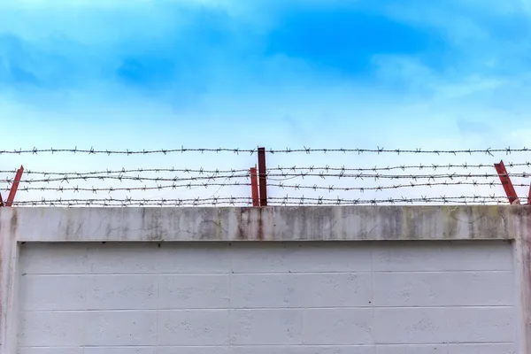 Barbed wire wall on blue sky