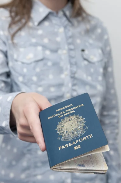 Caucasian Woman holding a brazilian passport