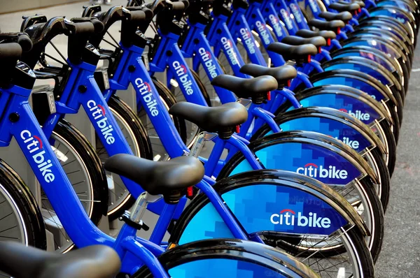 NYC: Row of Citibike Rental Bikes on West 49th Street