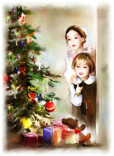 Children and christmas tree