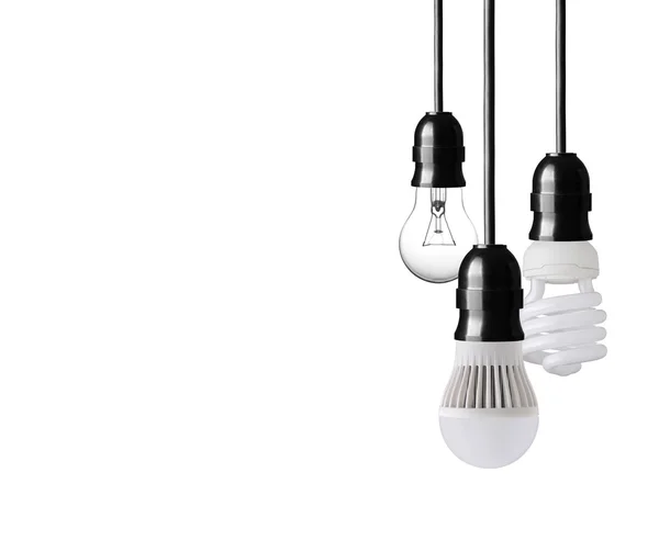 Light bulb,energy saver bulb and LED bulb on white