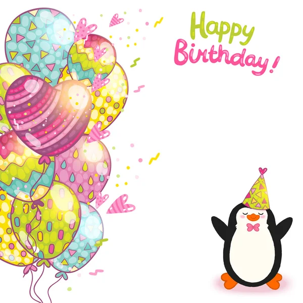 Happy Birthday card background with cute penguin