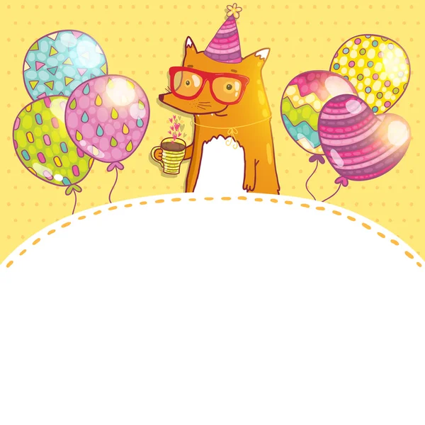 Happy Birthday card background with cute cartoon hipster fox