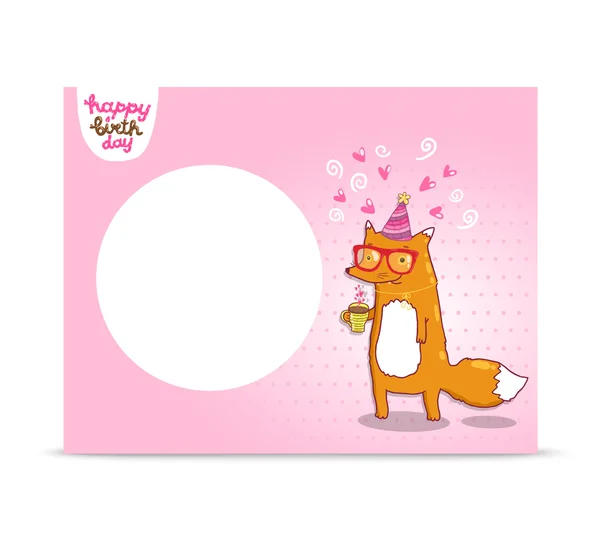Happy Birthday card background with cute cartoon hipster fox