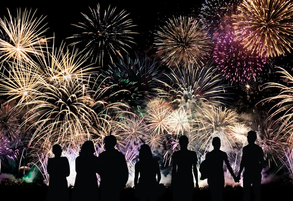 Group of people looks beautiful colorful holiday fireworks