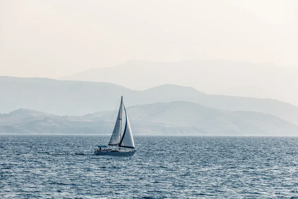 Yacht sailing. Holiday lifestyle landscape with skyline sailboat