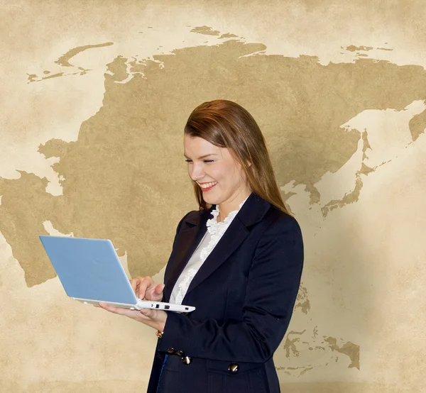 Smiling Successful Bussiness Woman with Notebook and Asia Map