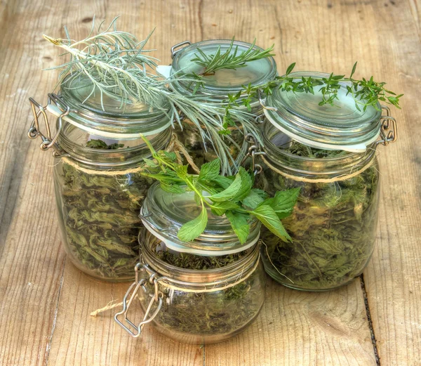 Dry Herbs in Glass Bottles