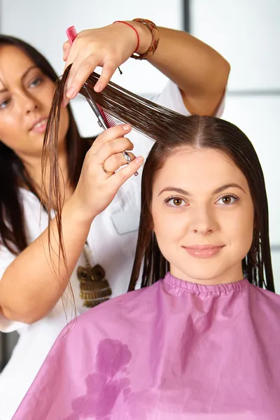 Hair salon. Woman haircut. Cutting.