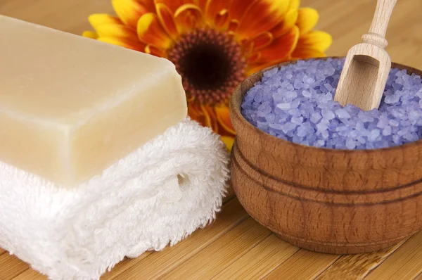 Natural body care, SPA concept: organic soap and lavender sea salt