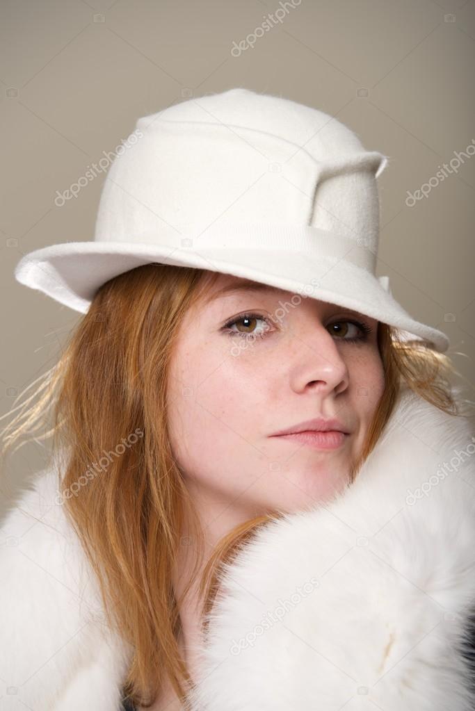 Redhead in white fur Bdsm ball inje