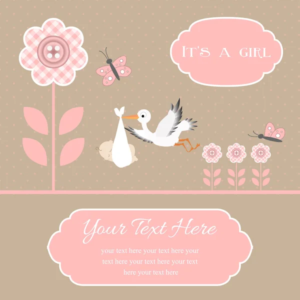 Baby shower card for baby girl, button flowers with stork