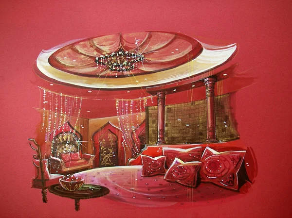 Red indian style bedroom interior with round bed Red indian style bedroom interior. Luxury design with hot color tone