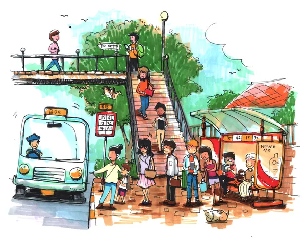 Bus stop, public transportation cartoon drawing - Stock Image - Everypixel Bus stop, public transportation cartoon drawing - Stock Image - Everypixel