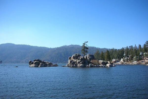 Big bear lake, water, rocks and pine trees
