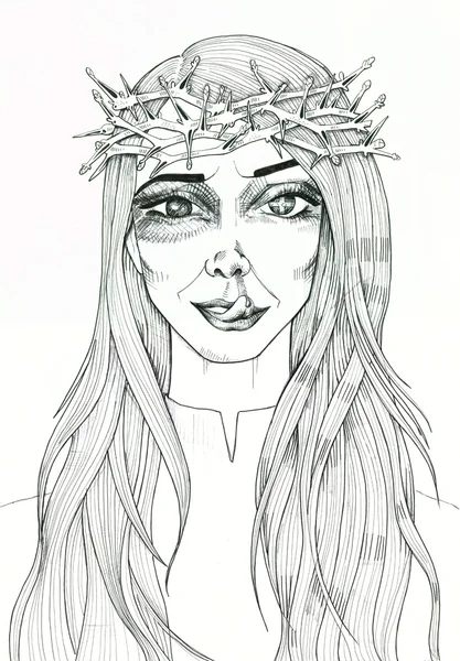 Portrait of a pretty girl with long hair and blossoming crown of thorns