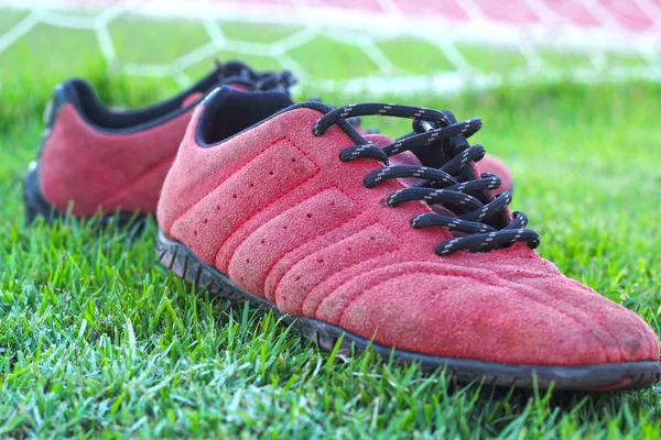 Red shoes on green grass with goal football