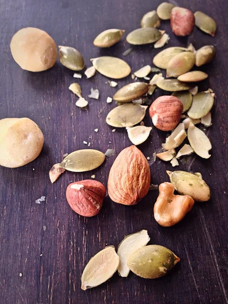 Nuts. Food, healthy, almonds, pumpkin seed, hazelnuts, macadamia, mixed