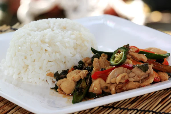 Stir Fried Chicken with Holy Basil and steamed rice (Krapao Gai)