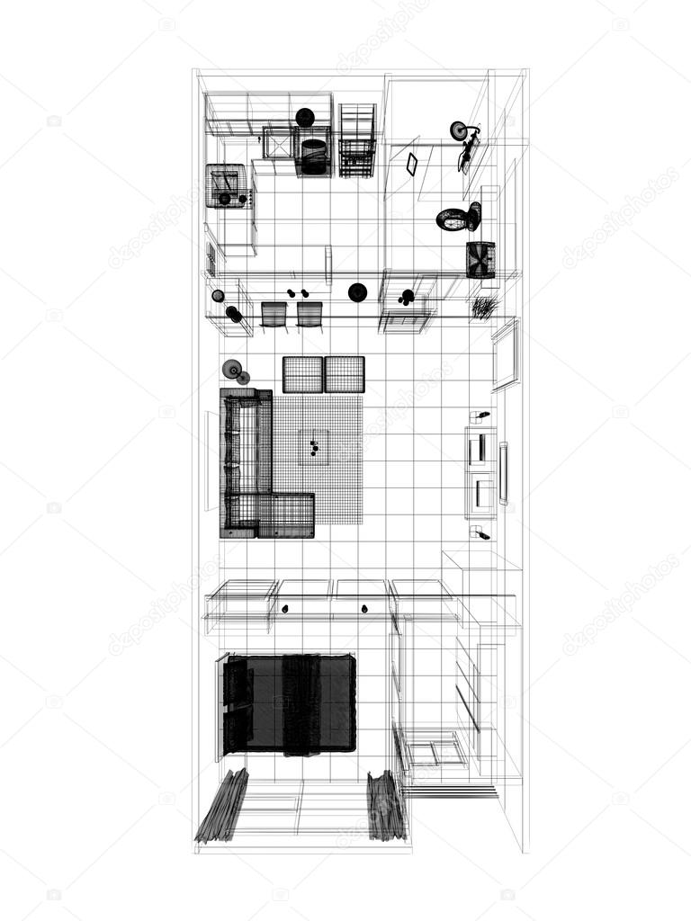 Schets ontwerp van bovenaanzicht interieur kamer — stockfoto ...